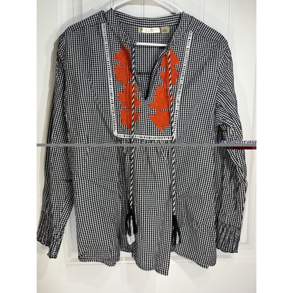 Studio West Black‎ White Gingham Tunic XXL Orange Embroidered Boho Peasant Top
